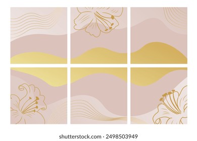 Social media template banner in dusty pink and gold colors with flowers. Fully editable square post frame or greeting card design.