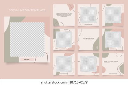 social media template banner fashion sale promotion. editable square post frame puzzle organic sale poster. beige green color paper texture vector background