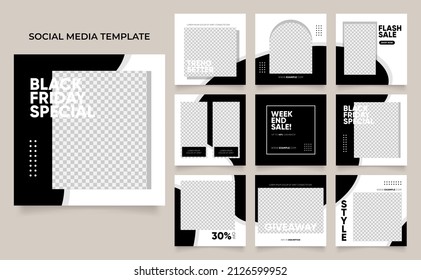 promoción de venta de moda de plantillas de medios sociales. afiche de venta orgánica del puzzle cuadrado post del rompecabezas completamente editable. fondo vectorial blanco negro. tema del viernes negro