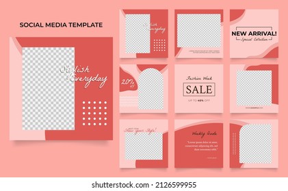 promoción de venta de moda de plantillas de medios sociales. afiche de venta orgánica del puzzle cuadrado post del rompecabezas completamente editable. fondo vector rosa rojo.