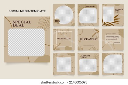 promoción de venta de moda de plantillas de medios sociales. afiche de venta orgánica del puzzle cuadrado post del rompecabezas completamente editable. fondo vectorial marrón cálido.	