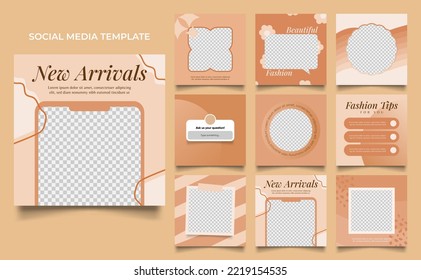 social media template banner fashion sale promotion in brown beige color. fully editable square post frame puzzle organic sale poster.