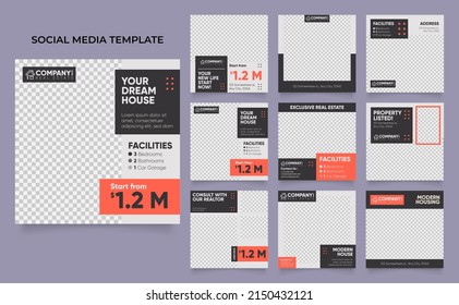 planilla de medios sociales banner propiedad inmobiliaria y promoción de venta de viviendas. afiche de venta orgánica del puzzle cuadrado post del rompecabezas completamente editable.	