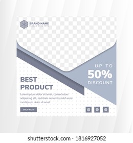 Social media template for best product. square layout with half of hexagon as space for photo collage. grey dot pattern in white background. soft blue color in designs element.