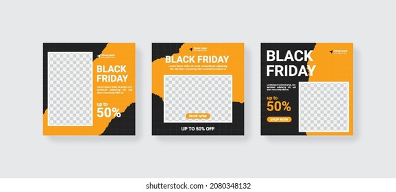 Social media template. Black Friday sale square banner. Design with yellow and black color.