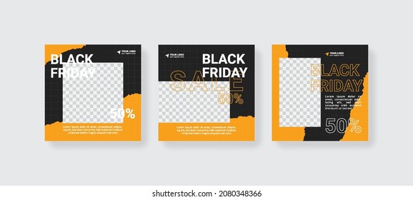 Social media template. Black Friday sale square banner. Design with yellow and black color.