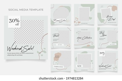social media template blog fashion sale promotion. editable square post frame organic sale poster. green brown white ad banner vector background