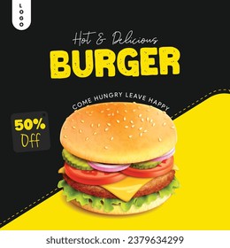 Social Media template for burger ad Black yellow concept