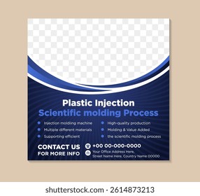 Social media template can increase engagement with visual content, such as images or photos and infographics. plastic injection scientific molding process banner design on square layout. blue gradient