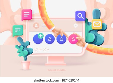 Social media template. Computer and smartphone with social media user interface. Communication between people using social networks. Vector illustration with computer, phone, icons, 3d style.