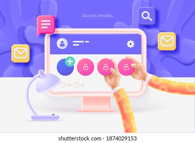 Social media template. Computer and smartphone with social media user interface. Communication between people using social networks. Vector illustration with computer, phone, icons, 3d style.