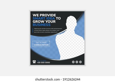 A social media template design use square layout with black background colors and blue strips to create geometric shapes for photo space, suitable for brand building or business promotion. 
