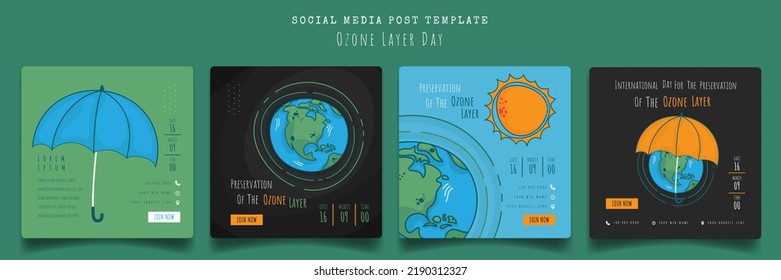 Social Media Template With Earth And Umbrella In Cartoon Design For World Ozone Layer Day Campaign