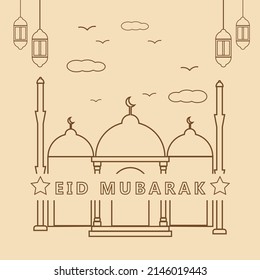 Social Media Template With The Eid Mubarak Theme On A Pastel Or Cream Color Background And Islamic Ornaments In It. Good For Instagram Post