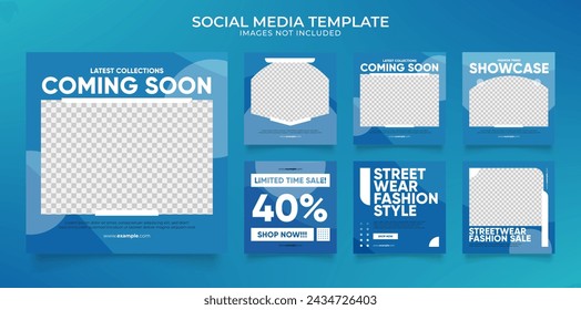 Plantilla de medios sociales feed banner blog negocio venta de moda descuento promoción. marco de poste cuadrado totalmente editable puzzle venta orgánica póster. fresco colorido azul elemento blanco forma vector fondo