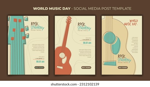 Social media template with flat acoustic guitar in vintage background for world music day design