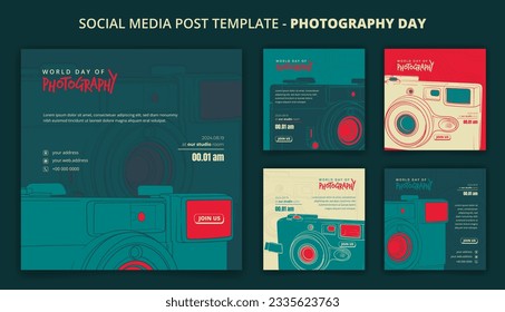 Social media template in green background with pocket camera design for photography day campaign