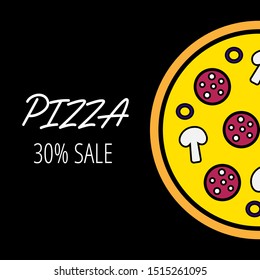 Social media template with half of colored pizza on the black background. Vector banner with 30% sale for restaurant, pizzeria, cafe, bakery. Tasty pizza with pepperoni, olives and mushrooms