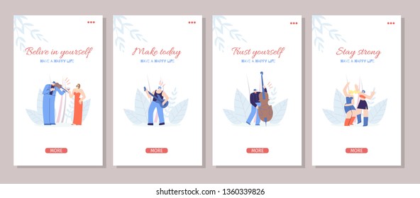 Social Media Template Happy Life Motivation Set Music Party Floral Style Dancing Playing Instruments People Inspiration Slogan Believe Trust Yourself Make Today Stay Strong Flat Vector Illustration