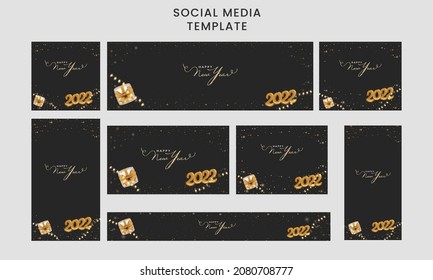 Vorlage und Kopfzeile der sozialen Medien mit der Golden 2022 Nummer, Geschenkbox, Leuchtgarten auf schwarzem Hintergrund.