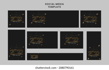 Social Media Template And Header Set With Golden 2022 Font, Clock On Black Background For Happy New Year.