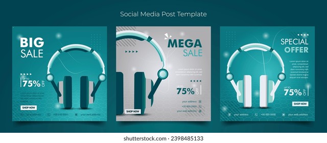 Social media template with headphone in abstract green white background for shop advertising design