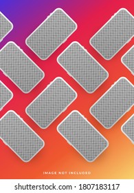 Social media template with isolated smartphone on colorful background. Social media feeds or stories template