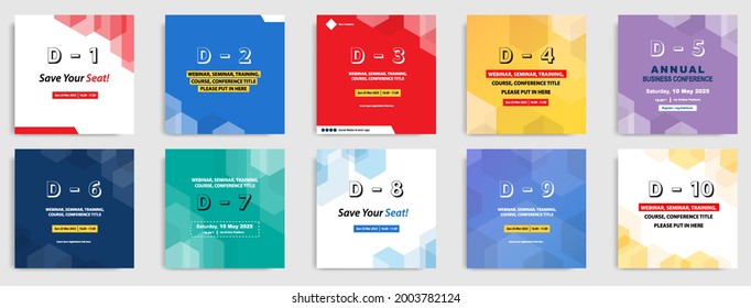 Social media template layout for counting down event post banner feed design in colorful geometric background. Vector eps