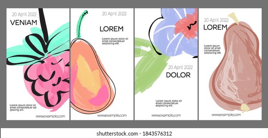 Diseño de plantillas de medios sociales con frutas dibujadas a mano y garabatos.  Diseño minimalista moderno para tecnología de marketing