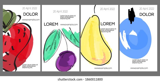 Social media template layout with hand drawn fruits and doodles.  Minimal modern design for marketing technology