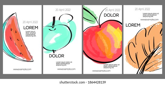 Social media template layout with hand drawn fruits and doodles.  Minimal modern design for marketing technology