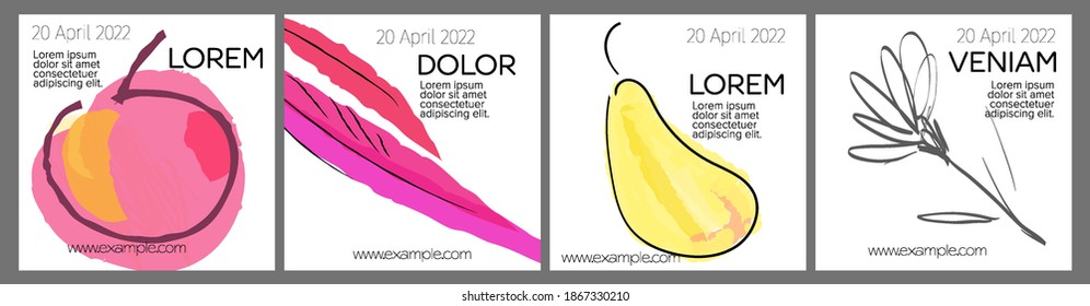 Diseño de plantillas de medios sociales con frutas dibujadas a mano y garabatos.  Diseño minimalista moderno para tecnología de marketing
