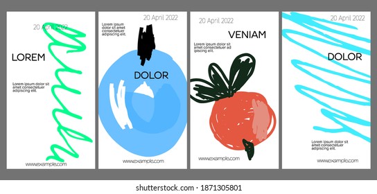 Social media template layout with hand drawn fruits and doodles.  Minimal modern design for marketing technology