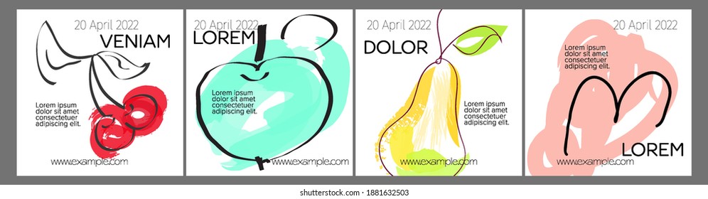 Social media template layout with hand drawn fruits and doodles.  Minimal modern design for marketing technology