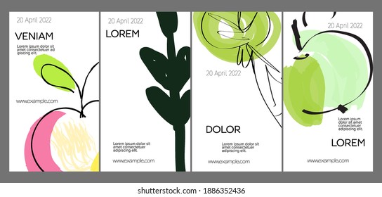 Social media template layout with hand drawn fruits and doodles.  Minimal modern design for marketing technology