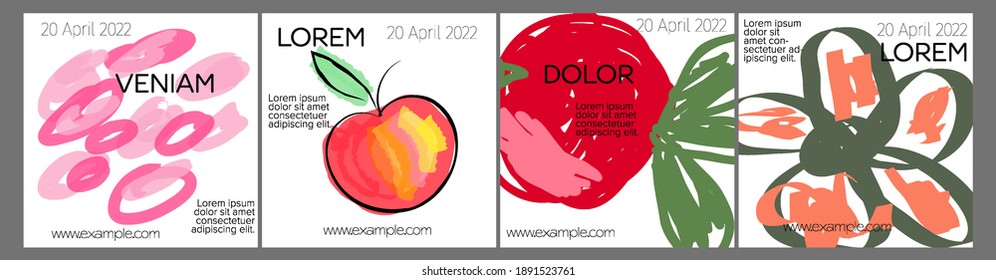 Diseño de plantillas de medios sociales con frutas dibujadas a mano y garabatos.  Diseño minimalista moderno para tecnología de marketing