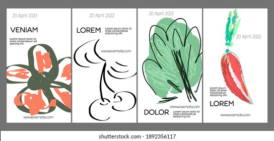 Social media template layout with hand drawn fruits and doodles.  Minimal modern design for marketing technology