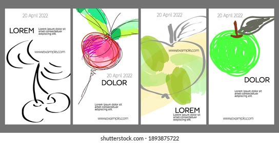 Diseño de plantillas de medios sociales con frutas dibujadas a mano y garabatos.  Diseño minimalista moderno para tecnología de marketing