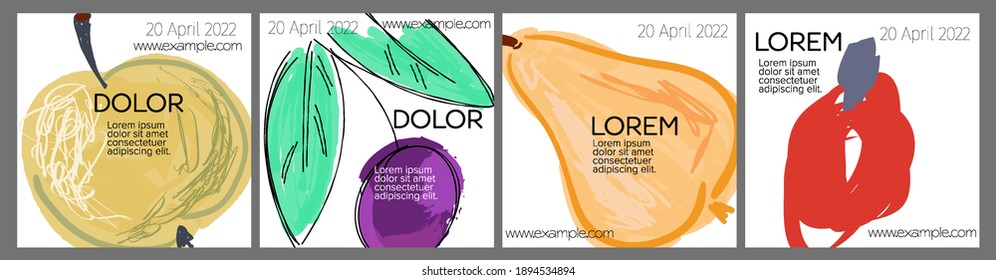Layoutbild für Social Media mit handgezeichneten Früchten und Doodles.  Minimal modernes Design für Marketingtechnologie