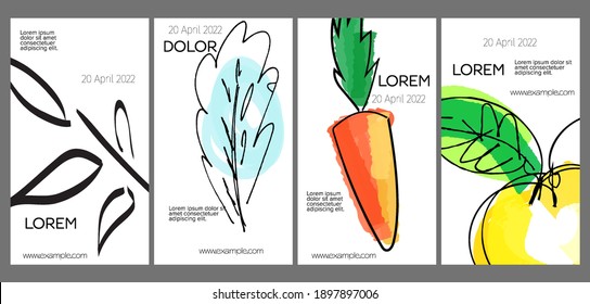 Diseño de plantillas de medios sociales con frutas dibujadas a mano y garabatos.  Diseño minimalista moderno para tecnología de marketing