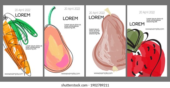 Diseño de plantillas de medios sociales con frutas dibujadas a mano y garabatos.  Diseño minimalista moderno para tecnología de marketing