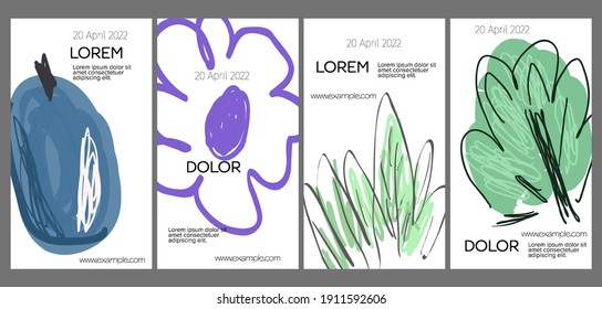 Social media template layout with hand drawn fruits and doodles.  Minimal modern design for marketing technology