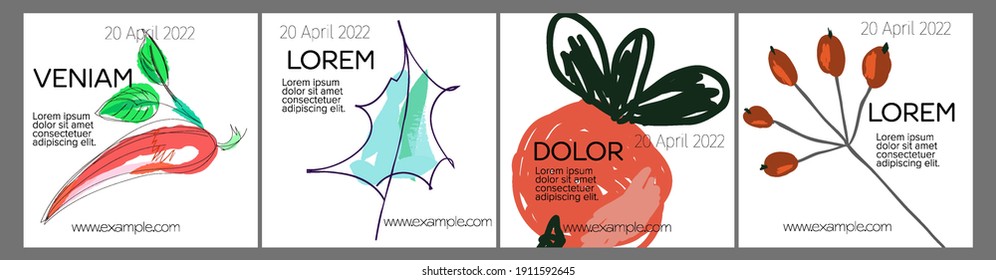 Diseño de plantillas de medios sociales con frutas dibujadas a mano y garabatos.  Diseño minimalista moderno para tecnología de marketing