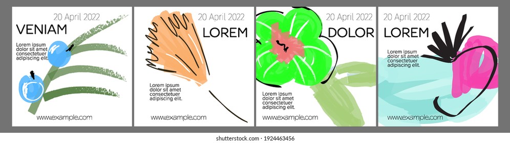 Social media template layout with hand drawn fruits and doodles.  Minimal modern design for marketing technology