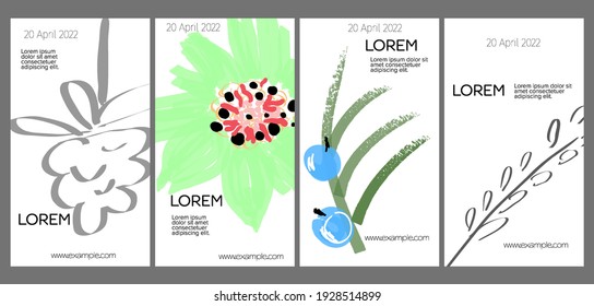 Social media template layout with hand drawn fruits and doodles.  Minimal modern design for marketing technology