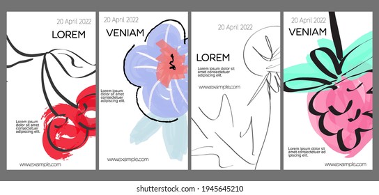 Layoutbild für Social Media mit handgezeichneten Früchten und Doodles.  Minimal modernes Design für Marketingtechnologie