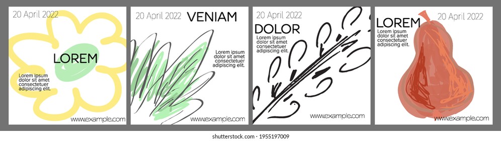 Social media template layout with hand drawn fruits and doodles.  Minimal modern design for marketing technology