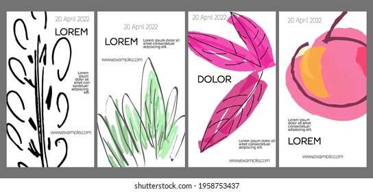Diseño de plantillas de medios sociales con frutas dibujadas a mano y garabatos.  Diseño minimalista moderno para tecnología de marketing