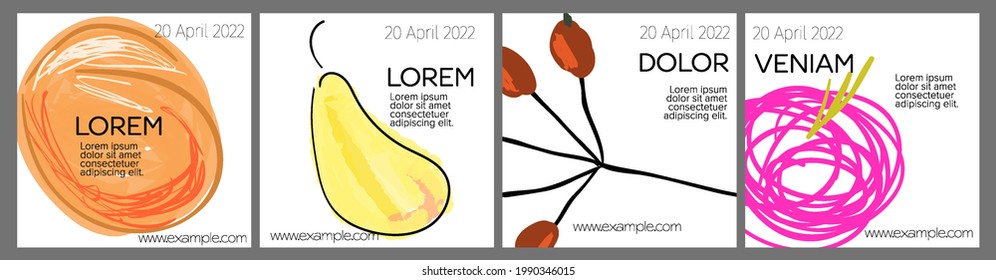 Social media template layout with hand drawn fruits and doodles.  Minimal modern design for marketing technology