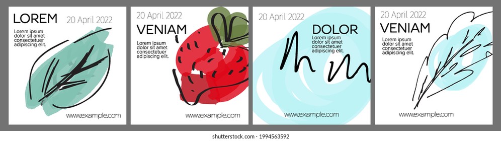 Diseño de plantillas de medios sociales con frutas dibujadas a mano y garabatos.  Diseño minimalista moderno para tecnología de marketing